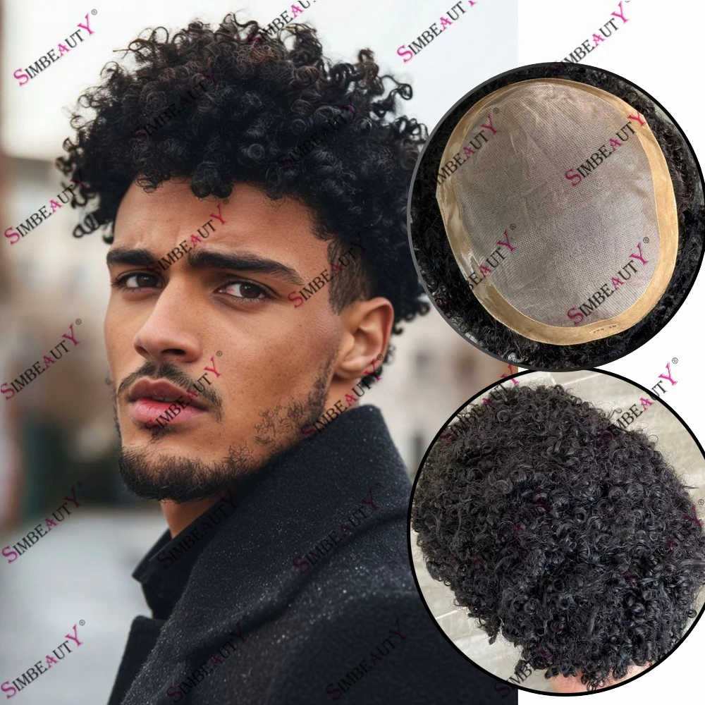 

Jet Black Human Hair Breathable Mono Base Black Men's Toupee Natural hairline Afro Kinky Curly 8mm Male Hair Replacement System