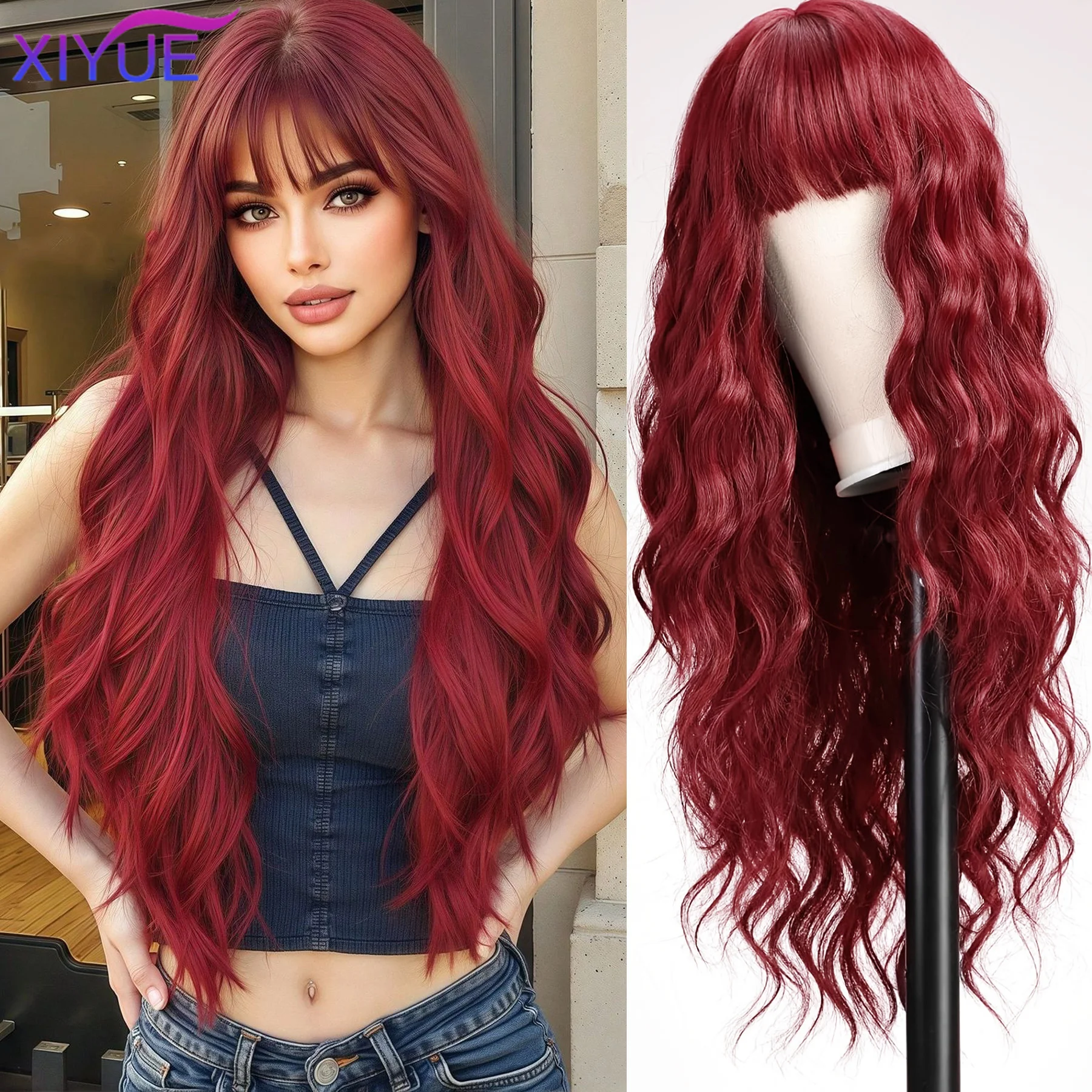 

Women's fashion synthetic fiber head set wine red bangs long curly hair water ripple high temperature silk wig head set