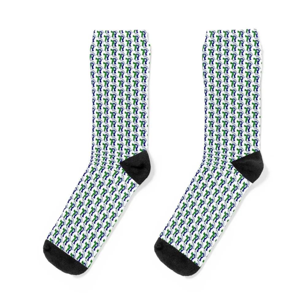 

Bright Blue and Green Trevians Silohuette Macscot NT New Trier High School Bubble Lettering Logo Design Socks