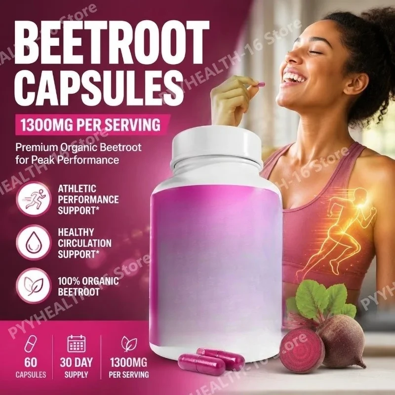 Organic Beetroot Capsules Beet Root Powder Supplement 1300mg Plant Based Formula for Active Lifestyle Support Vegan 60 Count