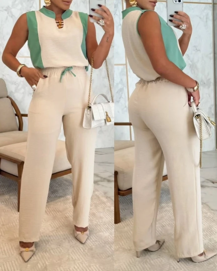 

Women's Fashion Suits 2025 2 Piece Contrast Binding Sleeveless Top Drawstring Tied Detail Wide Legal Pants Casual Pants Set