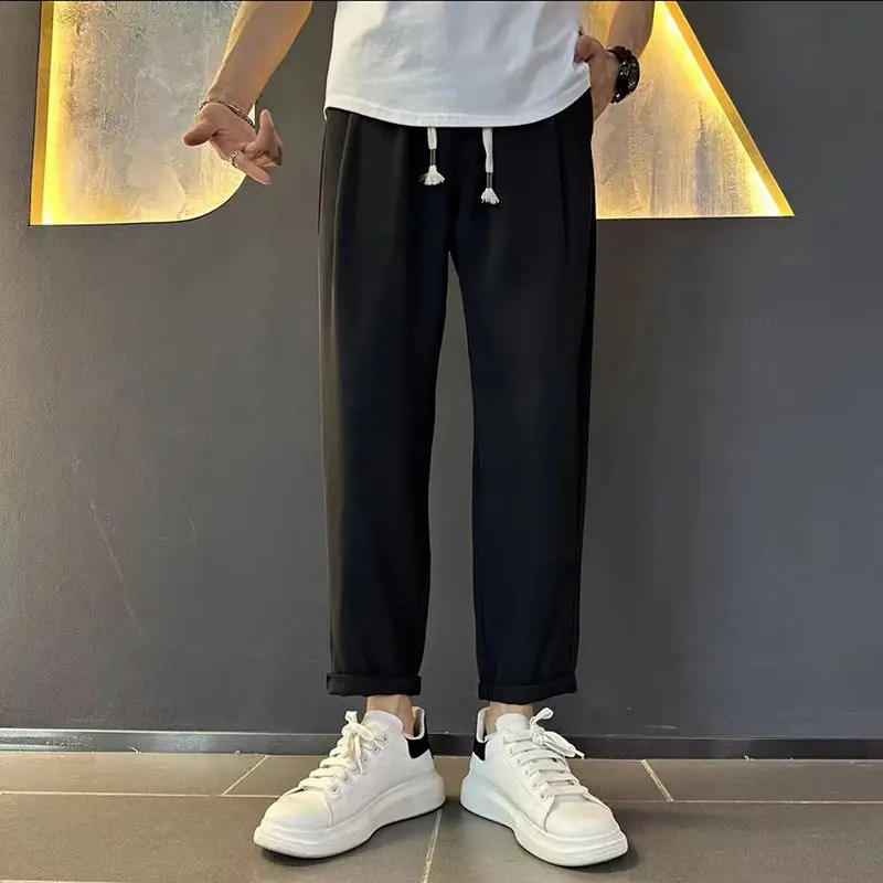 

Summer Trendy Men's 2024 New Splicing Elasticized High-waisted Drawstring Pocket Fashion Solid Color Loose Casual Haren Pants