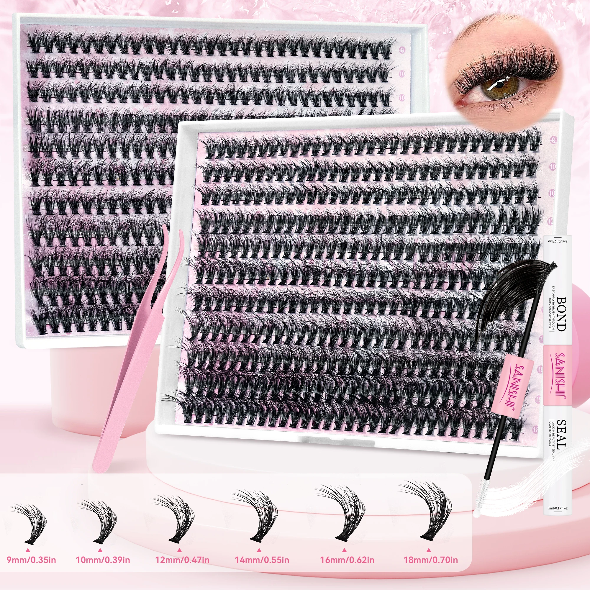 Sanishi Lashes DIY Eyelash Extension Set 330 Cluster 40P Eyelash Extension Set with Eyelash Adhesive and Seal Eyelash Applicator