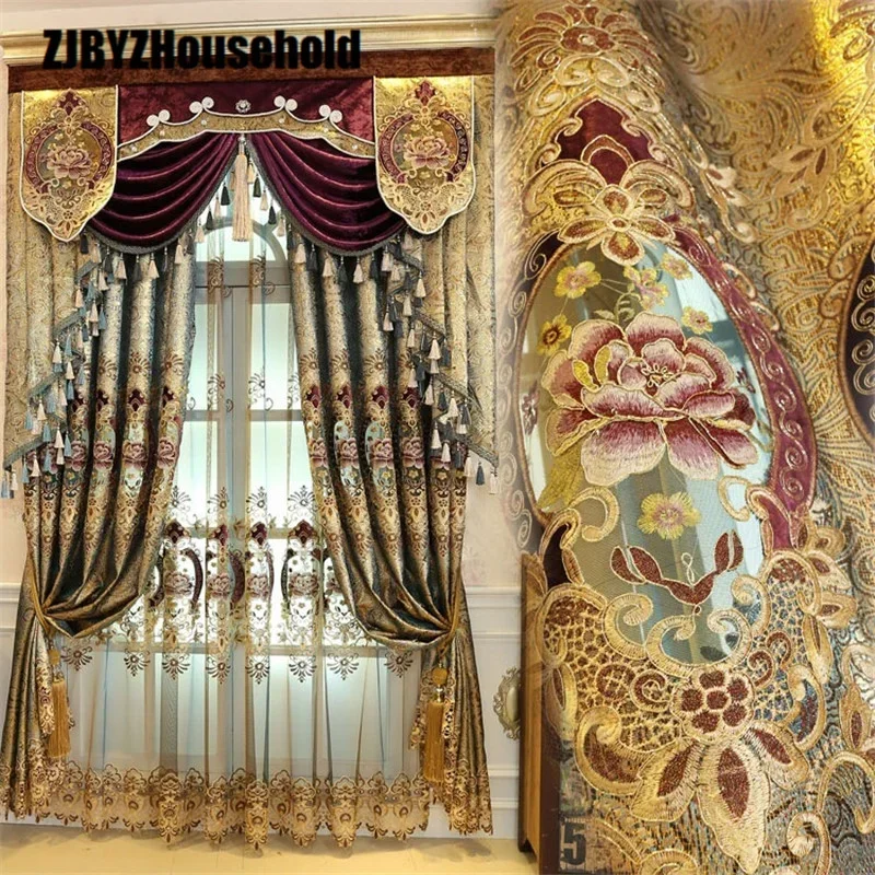 

High-end Curtains for Living Room European Style Gold Leather Water Window Curtain Bedroom Villa Drapes Embroidery Valance