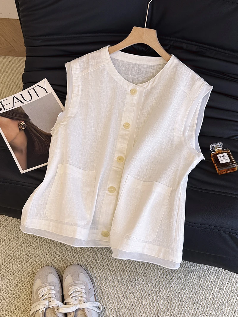 

Ele Bla Cotton Linen Svel Tank Top Women Summer Lightweight Vest irt Loose Open Cardigan Layering Top