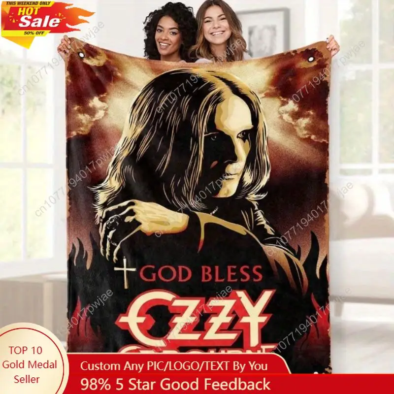 

Ozzy Osbourne Graphic Flannel Blanket Soft Cozy Polyester Knit Throw with "God Bless Ozzy" Design Ideal for Home Custom blankets