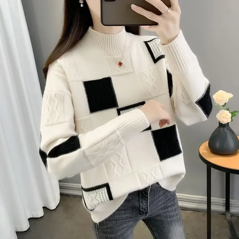 

Autumn Winter Korean Loose Sweaters Women High-quality Long Sleeve Mock Neck Knitting Bottoming Shirt All-match Lady Top LJ50