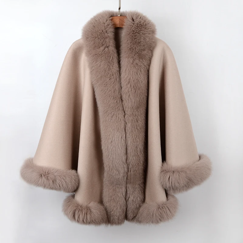 

2023 Women Cape With Real Fox Fur Collar All Around Free Size Autumn Winter Scarf Female Poncho Warm Luxury Ladies Pashmina