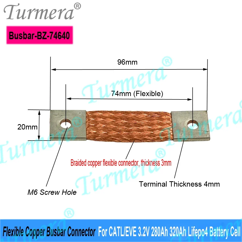 12V 48V Flexible Copper Busbar Connector Hole to Hole 74mm 56mm 2mm 4mm 300A for 280Ah 320A 360Ah Lifepo4 Battery Diy Use view 6