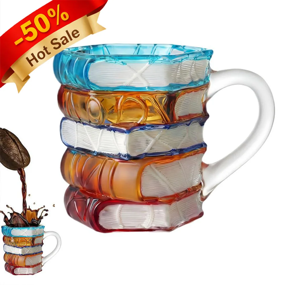 Chapter Book Mug Glass 3D Book Mugs Birthday Gift For Women Stained Glass Cups with Stack Design Artistic Reading Coffee Cup