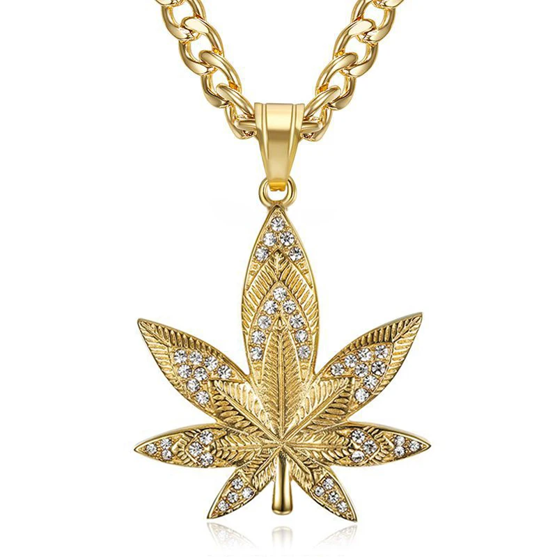 

European Hemp Leaf Pendant Necklaces For Men Gold Color Stainless Steel Rhinestones Necklaces Hippie Jewelry Dropshipping