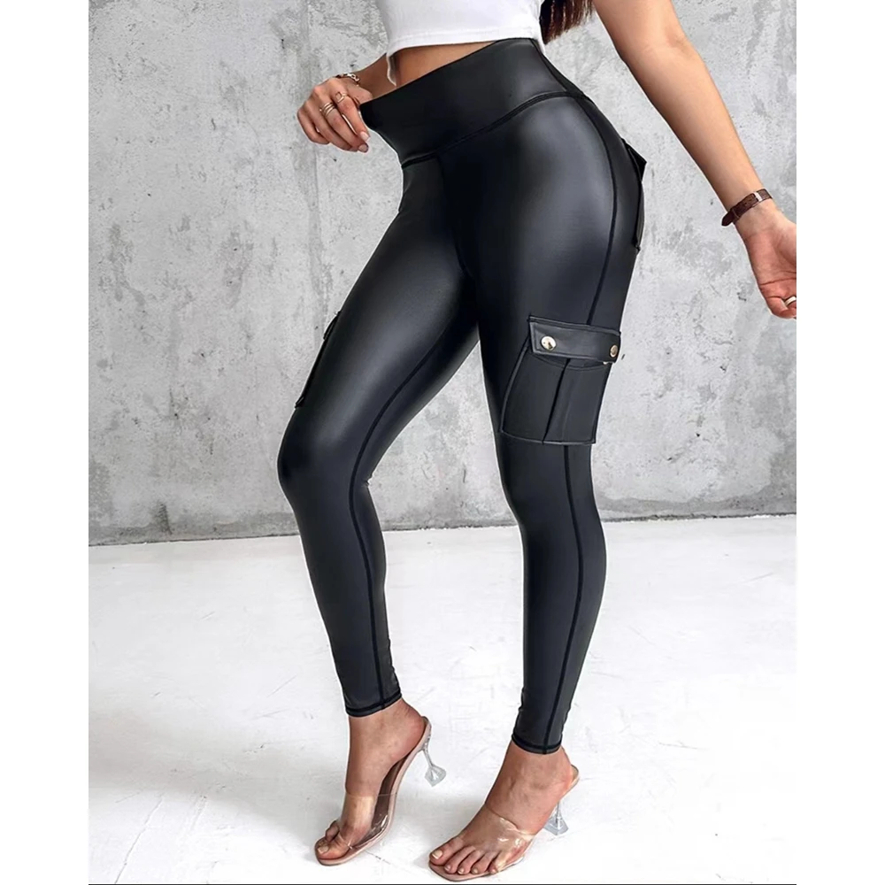 

Autumn Fashion Women PU Leather Skinny Cargo Pockets Design Pants Female Casual High Waist Black Sports Trousers Going Out