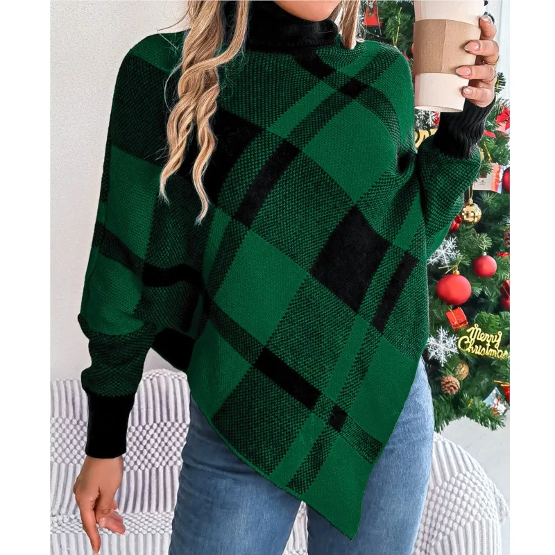 Ladies' Christmas Knitted Sweater 2024 New Autumn/Winter Casual Color Contrast Checkered High Collar Long Sleeve Hooded Sweater