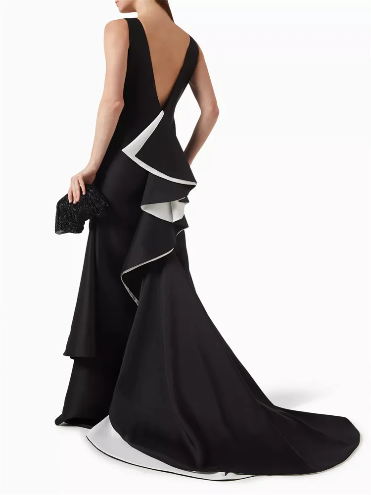 Hot Selling Round Neckline A-Line Evening Dress Elegant Open V Back With Dramatic Ruffled Floor Length Sweep TrainGown For Women