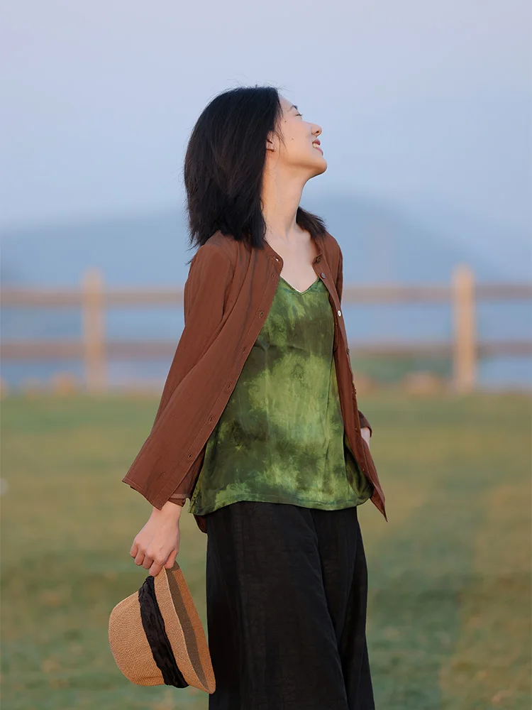 

Ele Artistic Blue, оригинальные женские длинные све с воротником-стойкой, шелковый хлопок, универсальный простой китайский свободный крой