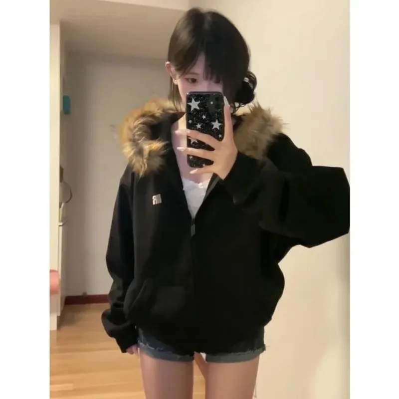 Korean Vintage Women Black Zip Up Hoodies Loose Preppy Style Faux Fur Coats Autumn Winter Harajuku Oversized Casual Sweatshirt