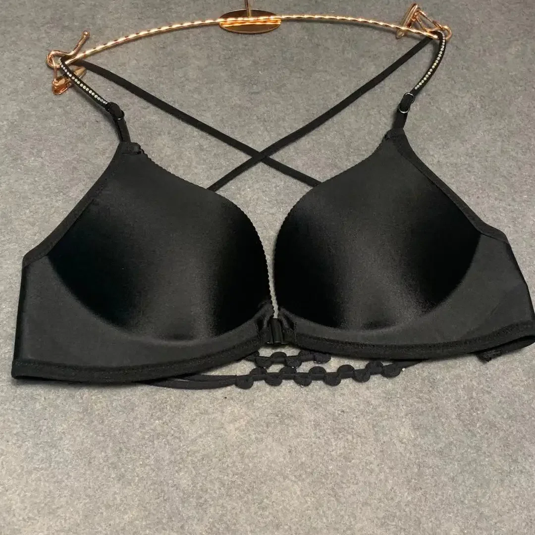 New Thin Cup Front Buckle Beautiful Back Beautiful Shoulder Diamond Glittering Spaghetti Strap Gathered Women's Underwear Bra