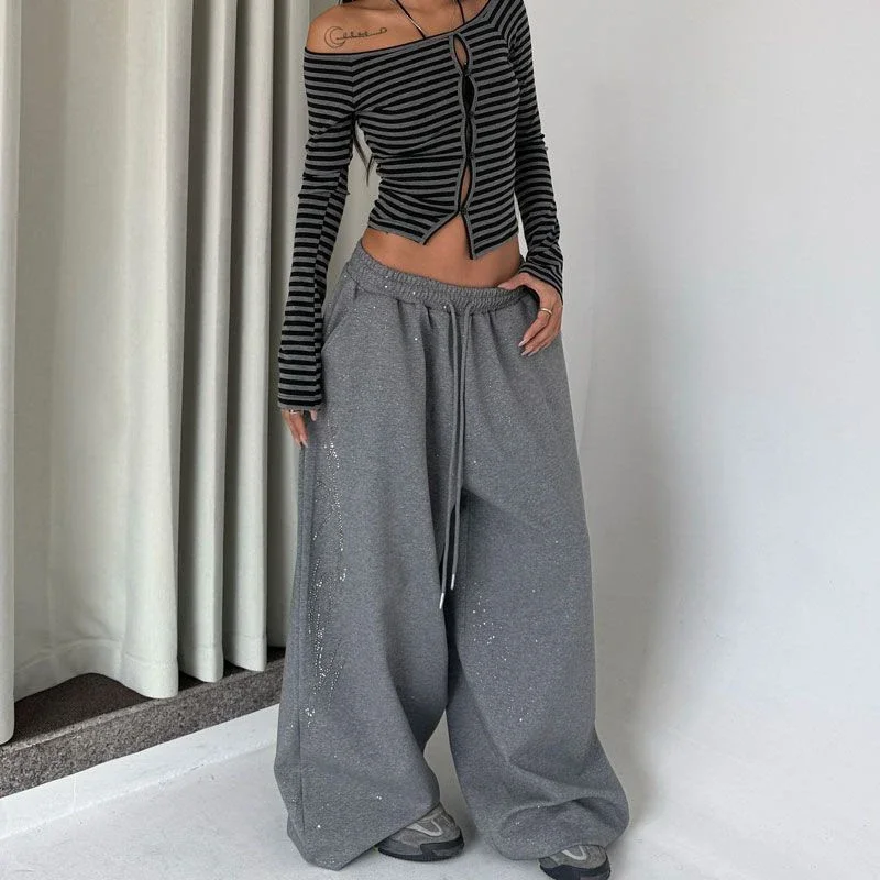 Hot Diamond Sparkle Jazz Hip-Hop Women American Retro Sports Pants Korean Street Loose Jogging Pants High Waist Wide Leg Pants