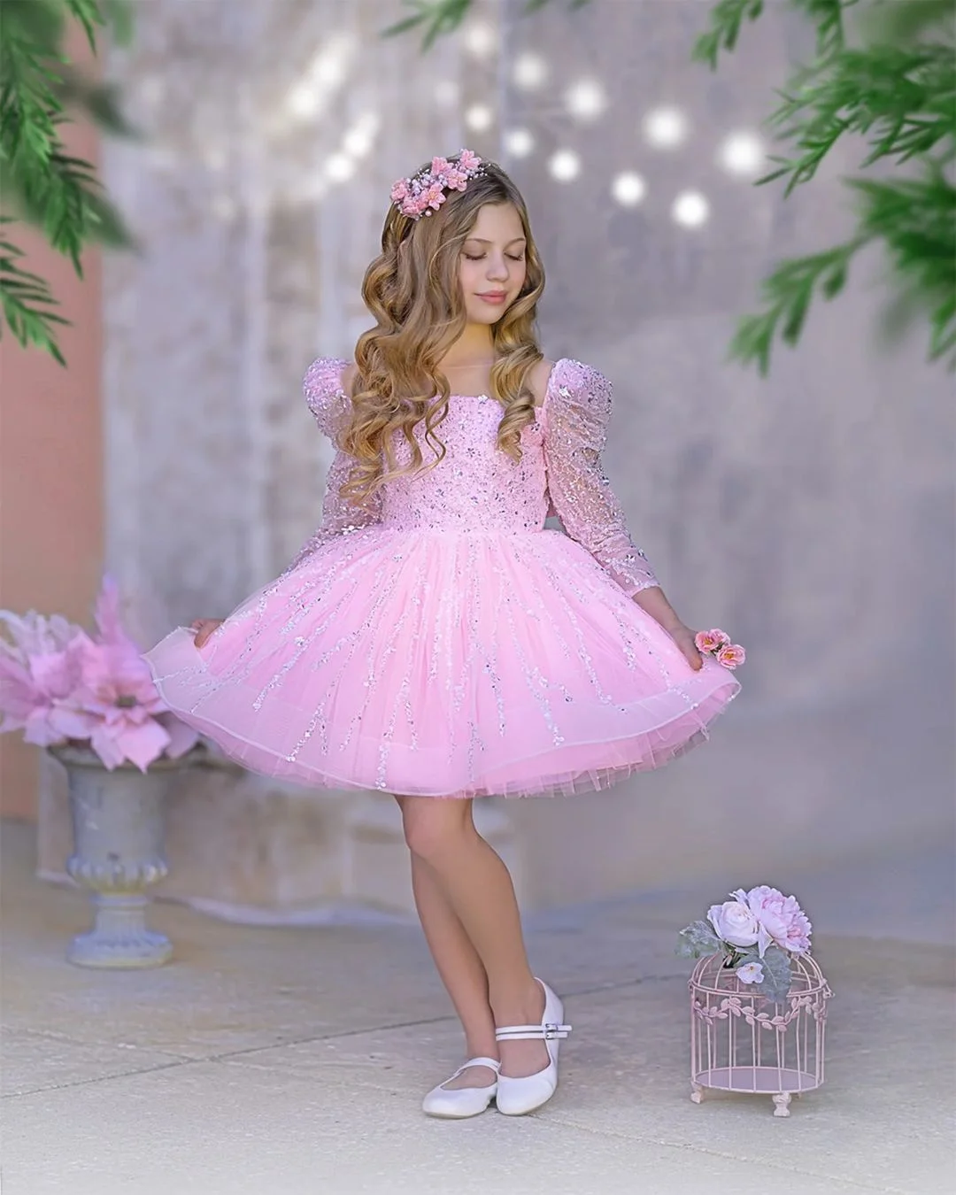 Princesa rosa flor menina vestido para casamento lantejoulas tule manga cheia inchado crianças aniversário primeira comunhão vestidos de baile para meninas