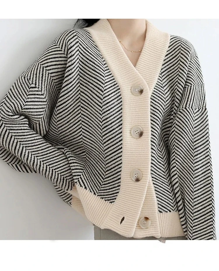 

Women Casual Striped Loose Cardigan Sweater V Neck Bottons Sweater Autumn Long Sleeve Knitted Coat Winter Clothes