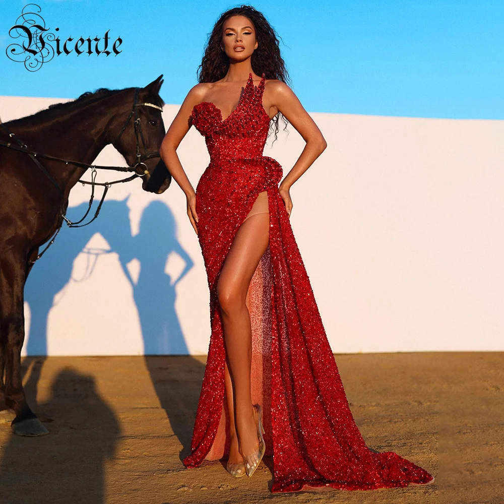 

VC Sexy Red Deep V-Neck Side High Slit Cocktail Dresses Sparkly Sequins Crystal 3D Flowers Evening Party Maxi Long Prom Gown