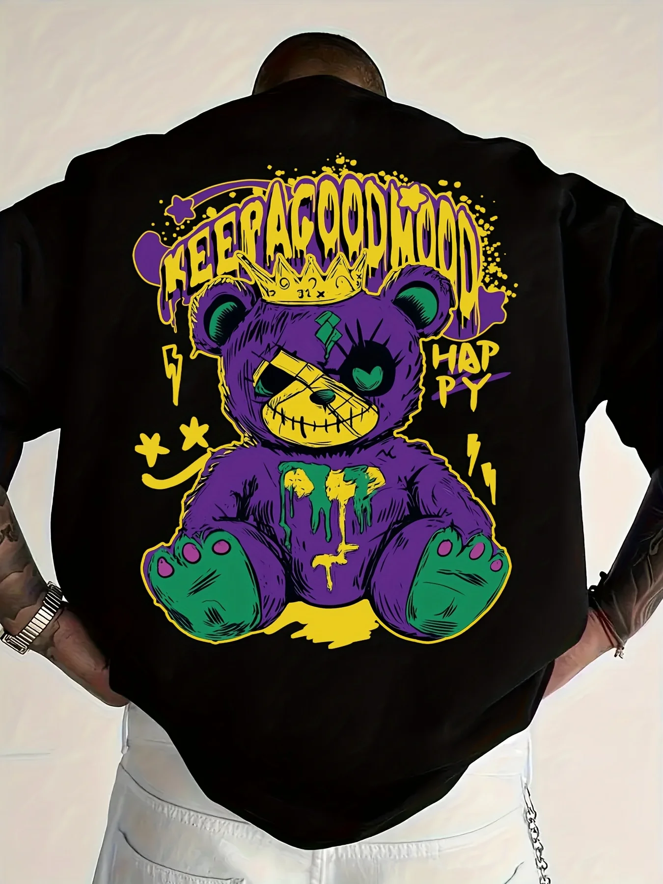 

Fashionable new men's personalized teddy bear graffiti print, comfortable and breathable round neck T-shirt, outdoor street top