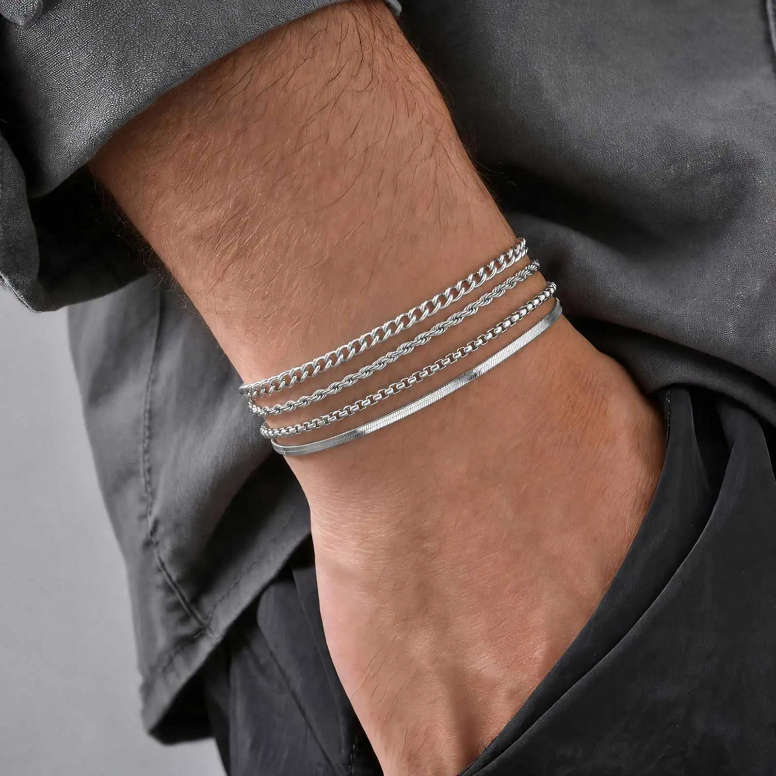 4 Stück Herren-Kettenarmbänder, Edelstahl, silberfarben, Schlangenketten-Armband, Hip-Hop-Punk-Schmuck für Ihn, Papa – Detail 4