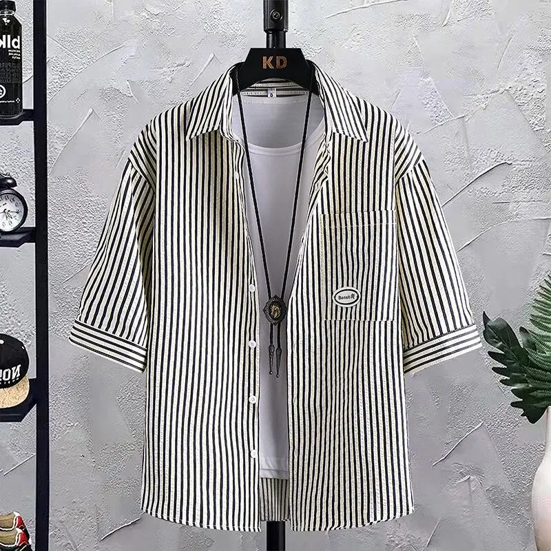 

Loose Casual Striped Men's irt Summer Faionable Versatile ort Sve Stand Fit Youth ular Polyester Fiber irt