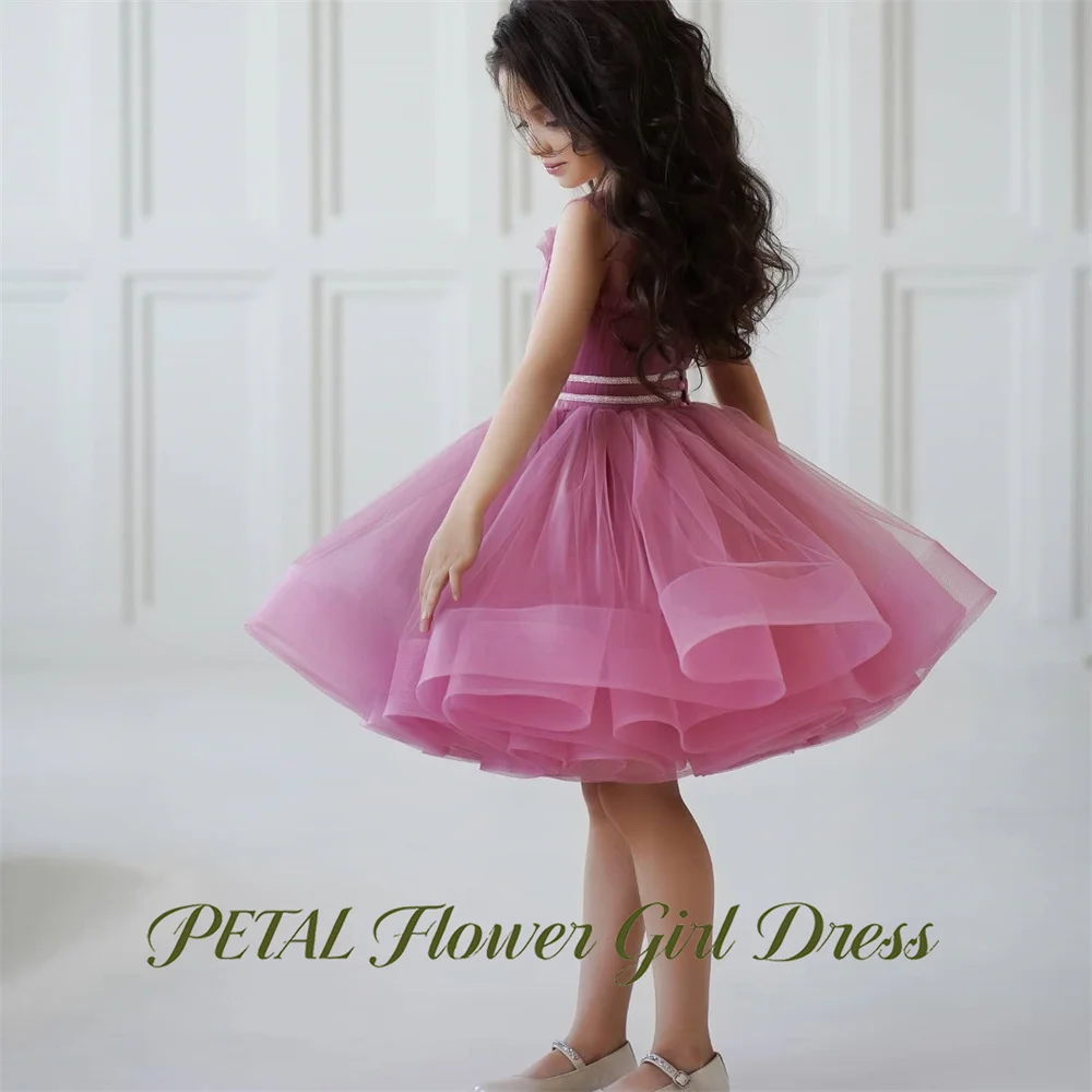 Petal Dusty Mauve Flower Girl Dress Fluffy Round Neck Sleeveless Kids Birthday Party Dress Bow Children Birthday Wedding Dresses