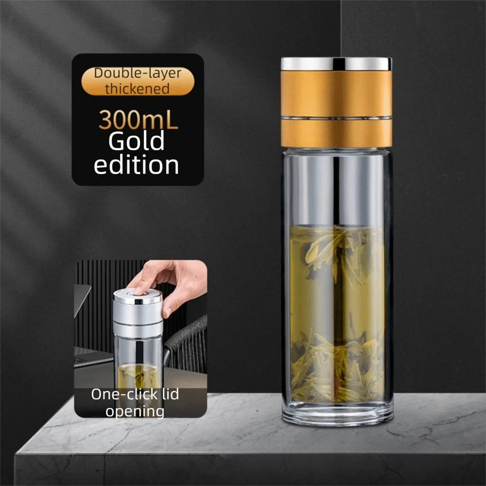 Double Anti-Scald Glass Water Cup Borosilicate Glass One Click Opening Infuser Tumbler Leak Proof with Tea Filter