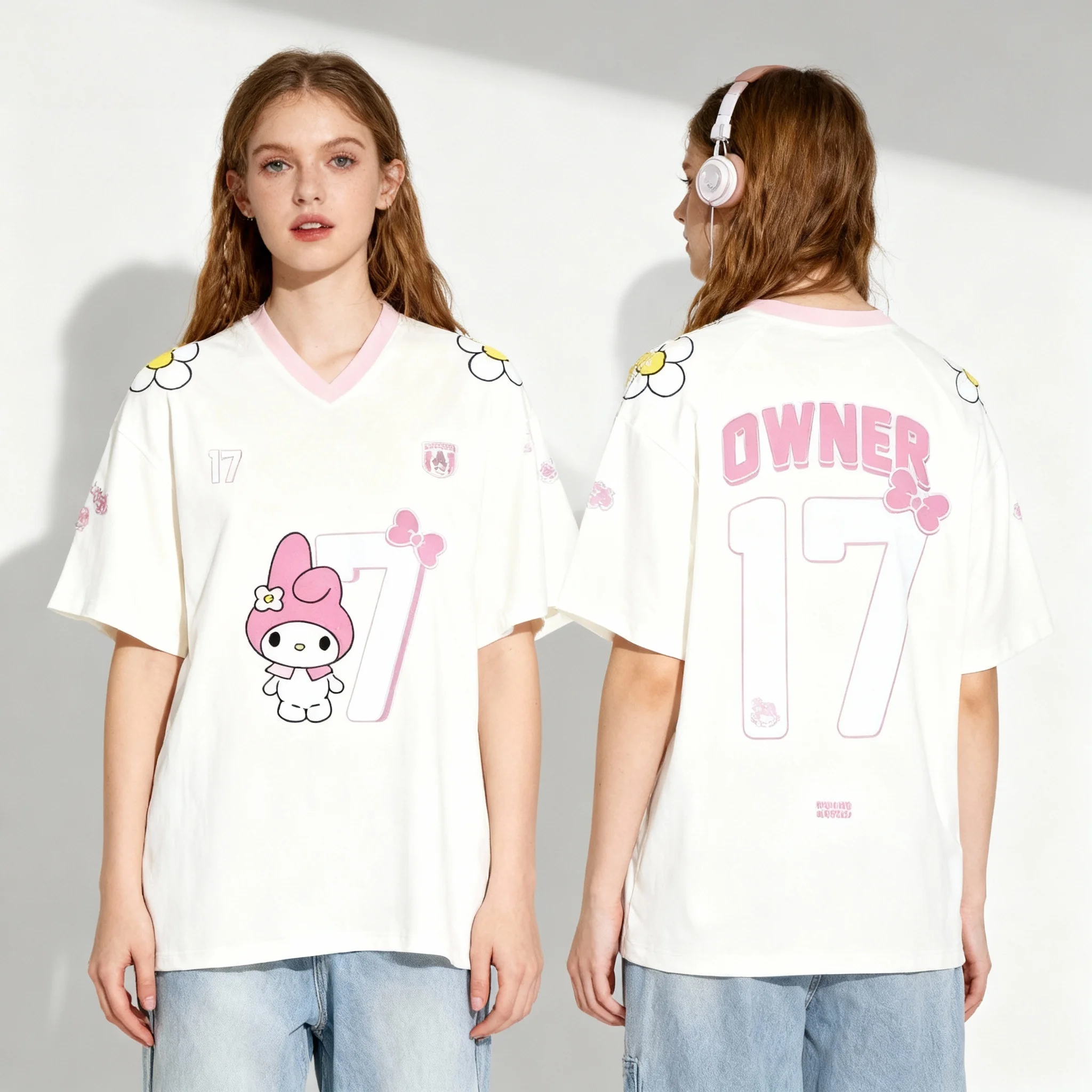 

Sanrio Melody Fan, униформа American Ball, милая крутая летняя футболка, супер большая женская и мужская спортивная футболка для отдыха для взрослых