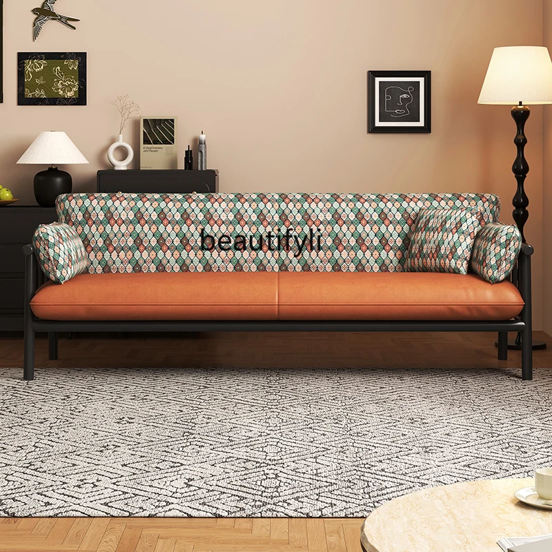 

French retro fabric sofa small apartment living room balcony casual three-person solid wood sofa