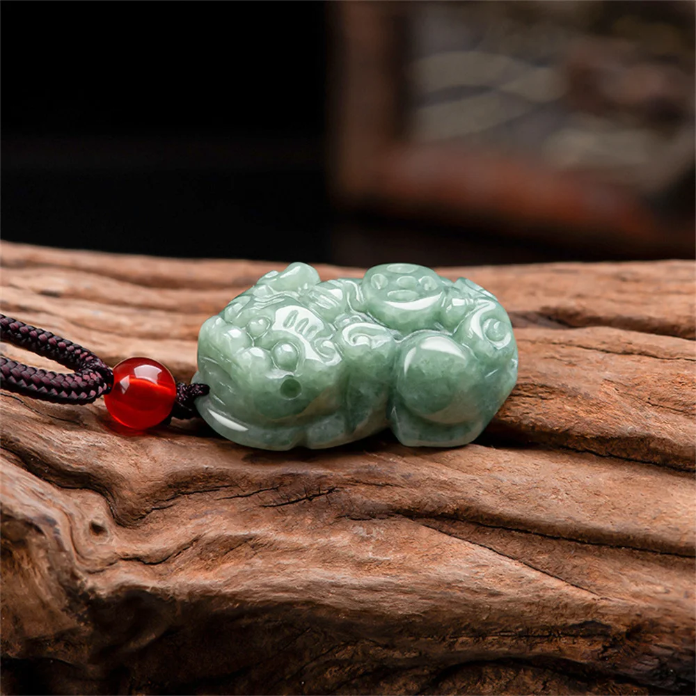 Chinese Handwork Natural Grade A Jadeite Carved PiXiu Pairs Lucky Pendant Amulet Necklace Certificate Trendy Jade  Gift Jewelry