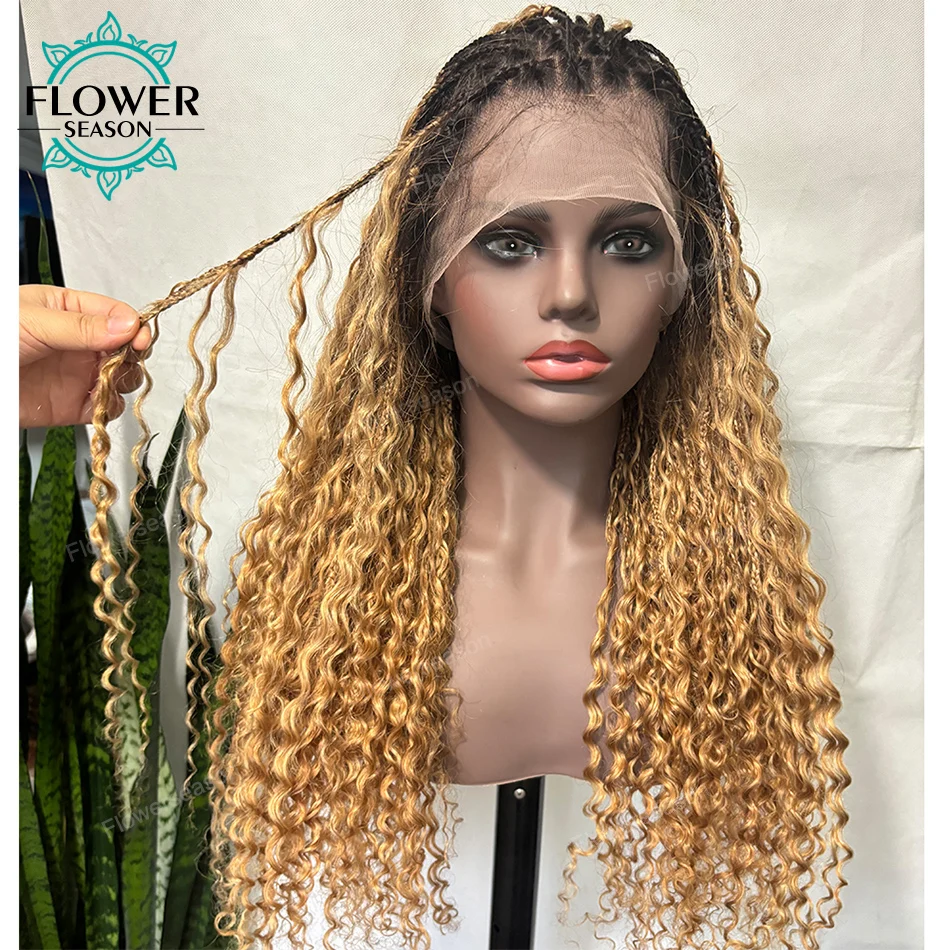 Honey Blonde Braided Wigs Ombre Brown Color Full Lace Human Hair Wig Knotless Boho Box Braids Wig PrePlucked 300% Density