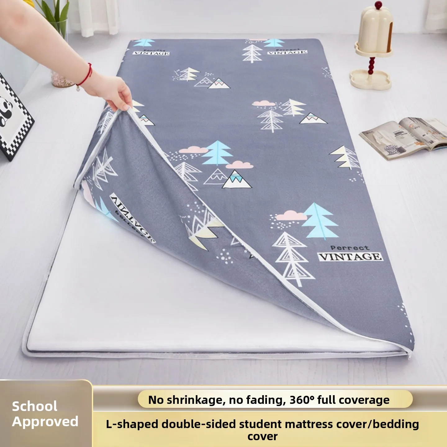 Full Wrap Mattress Cover Zipper L-Shaped Dormitory Bedding Student Single Pad Cover Protector Breathable Non-Slip Polyester