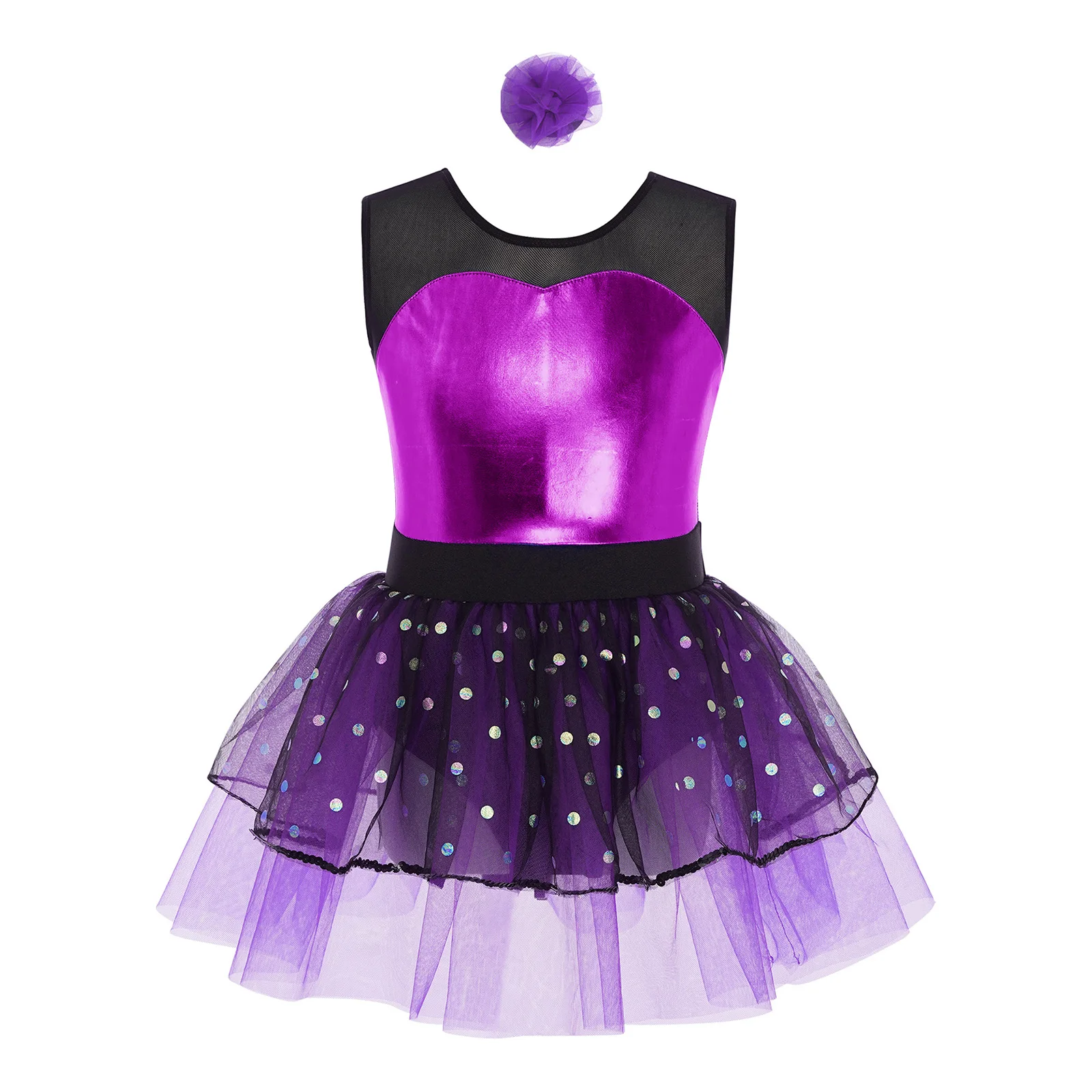 Girls Temperament Swan Ballet Dance Performance Dress Fashion Sleeveless Sheer Mesh Tulle Dress with Headwear for Party Holiday