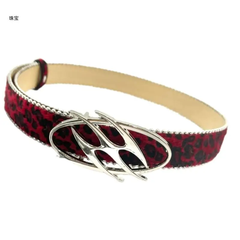 

X5QE Fashionable Leopard Pattern Waistband Snaps Buckle PU Belt for Dresses Sweater