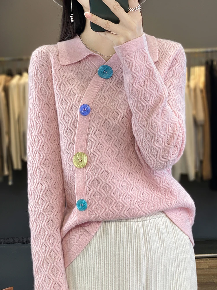 2024 Spring Women Turn-down Collar Pullover Sweater Colorful Buttons Long Sleeve Hollow Sweater 100% Merino Wool Knitwear Tops