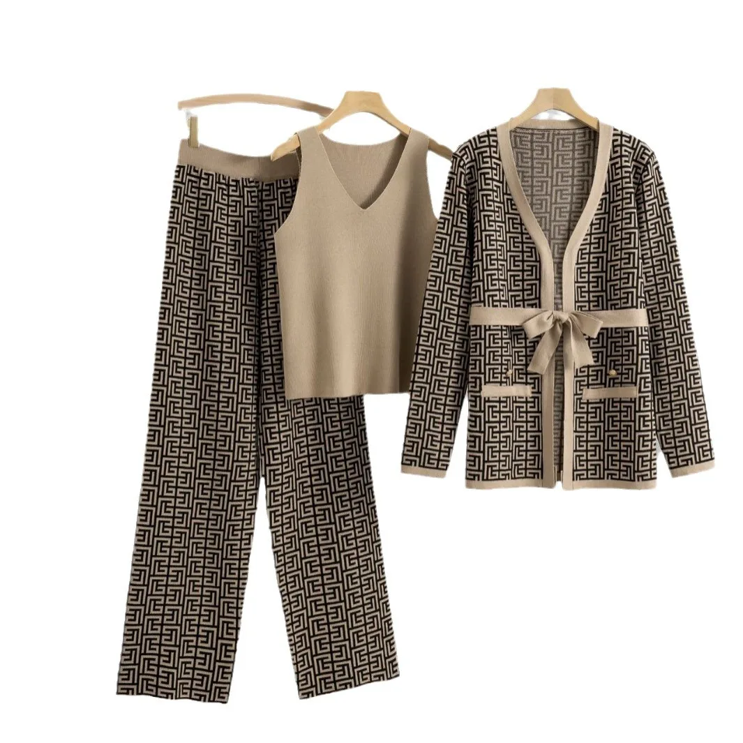 

Spring Autumn 3 Piece Women's Knitted Suit Cardigan Tracksuits Sexy Vest + Long Sleeve Shawl Cardigan coat + Wide Leg Pant Women