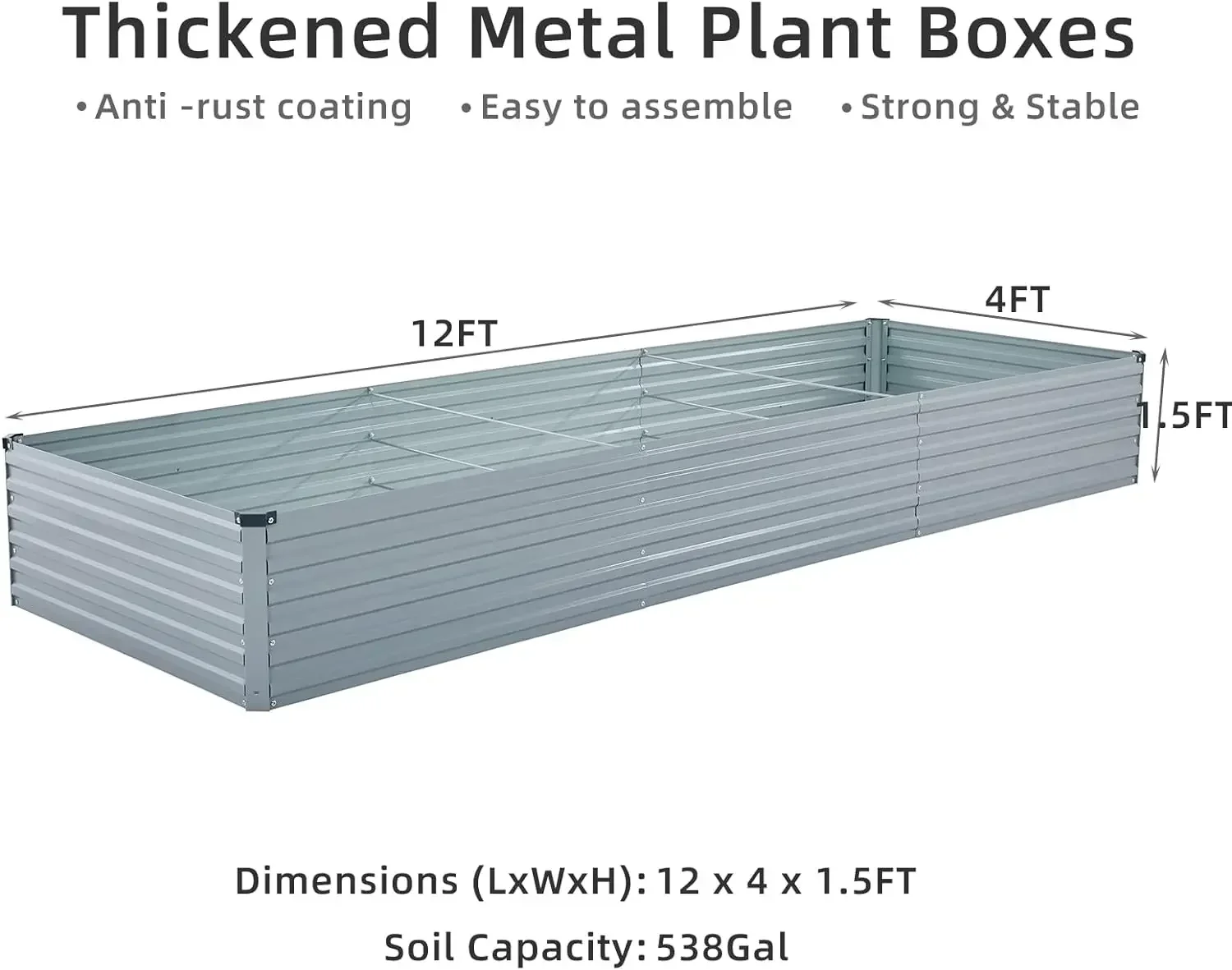 Metal Raised Garden Bed Kit 12x4x1.5ft Outdoor Bottomless Galvanized Elevated Plant Box for Vegetable Flower Pot, Grey