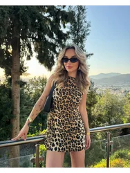 Leopard Print Mini Dresses for Female Simple O-neck Long Sleeves Slim Vestidos 2024 Women Fashion Print Dress Women High Street