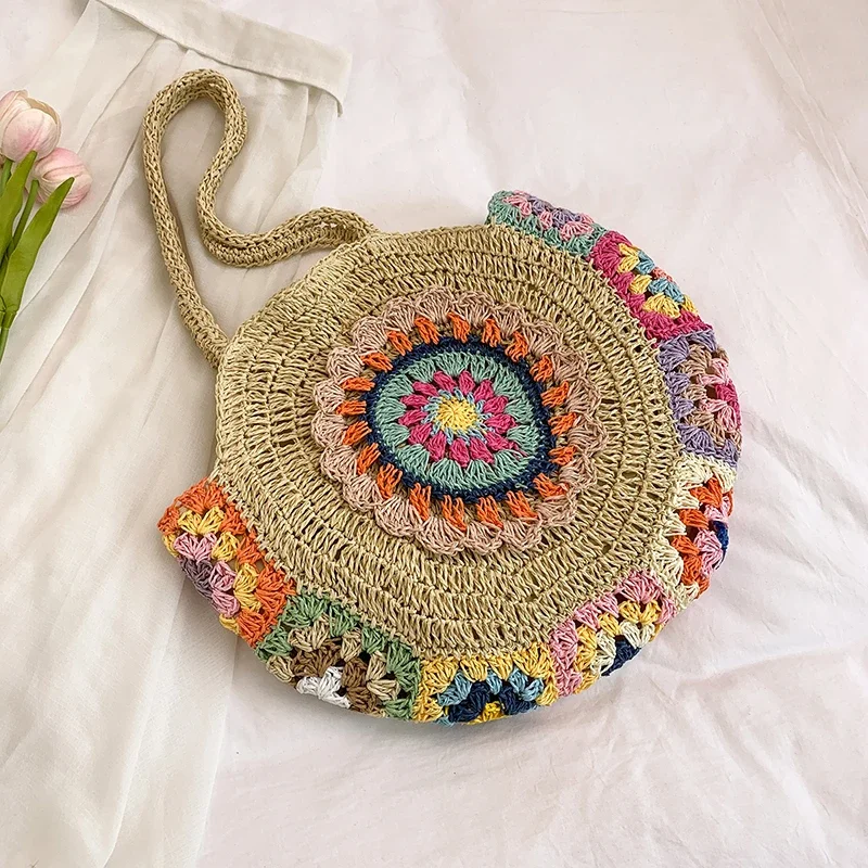 

Fashion Straw Beach Bag For Women Large Capacity Shoulder Bag Trend Round Crochet Handbag Bohemian Female Bag Vacation Tote