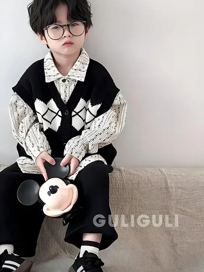 Korean Style Childrens Wear Boys Vest Autumn 2024 Knit Vest Clip Three-piece Classic Fashion Childrens Casual Pants