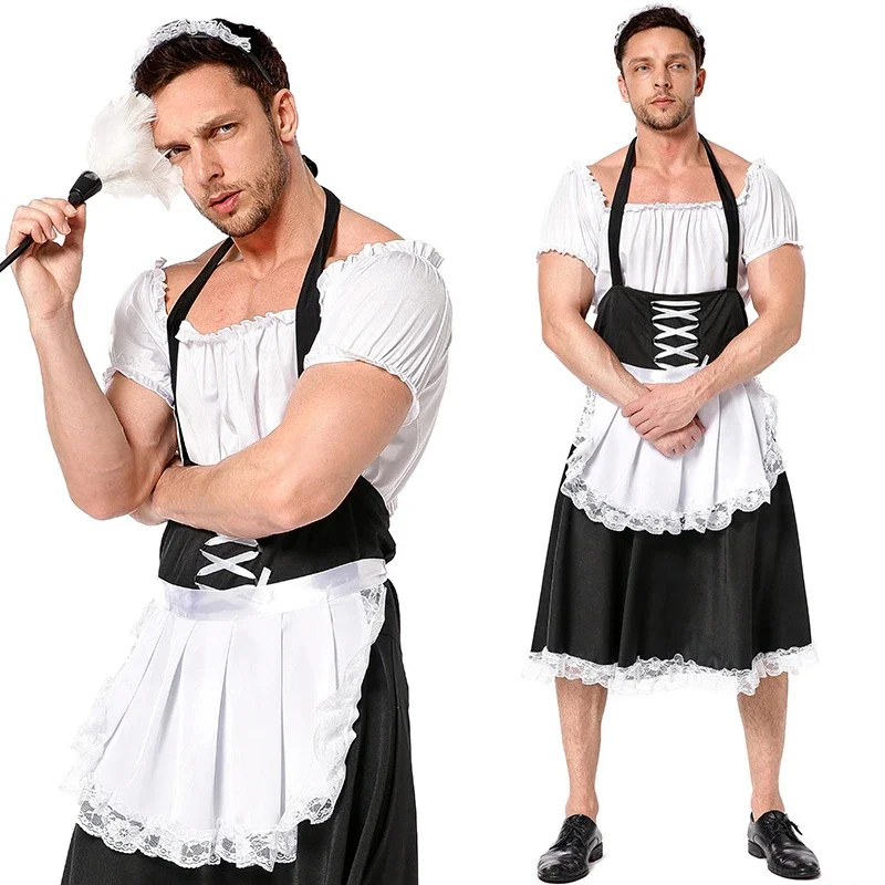 French Gothic Maid for Men Sexy Sling Black White lolita Dress Sets Uniform Butler halloween  Cosplay Costume waiter stage cloth