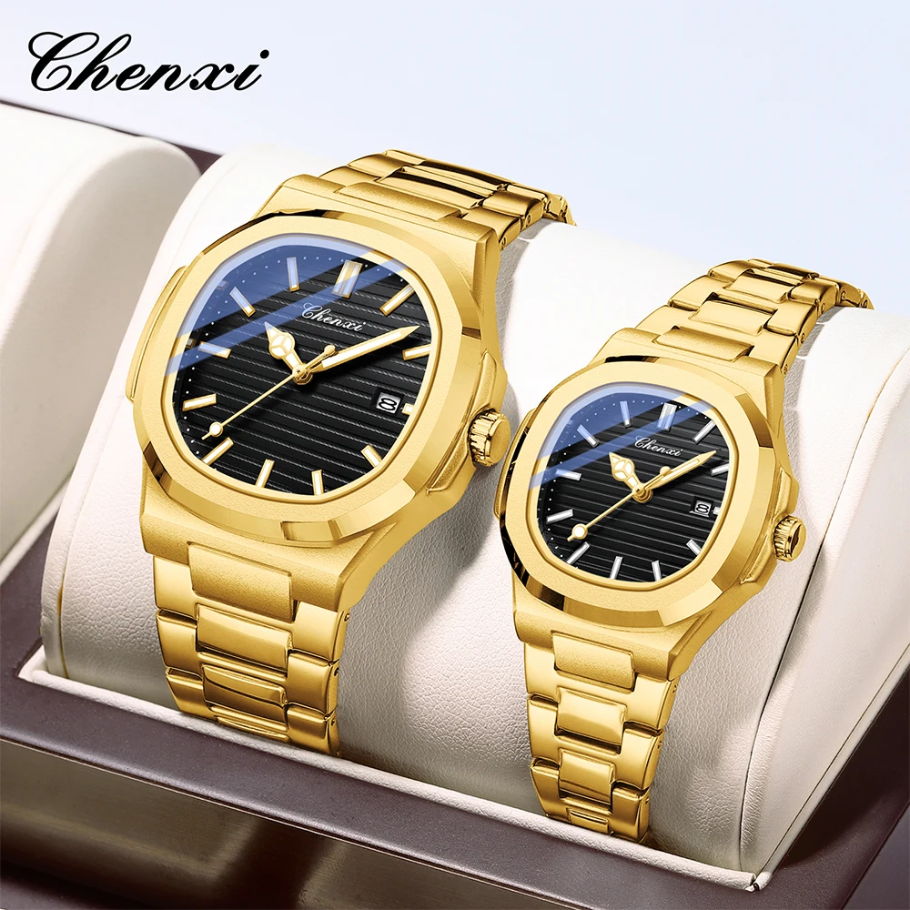 CHENXI Quartz Men Women Watches Golden Simple Steel Strip Couple Watch Night Light Waterproof Calendar Couples Wristwatches