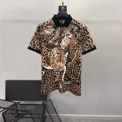 European and American men's 2023 summer new Lapel short sleeves fashion Leopard print T-shirt