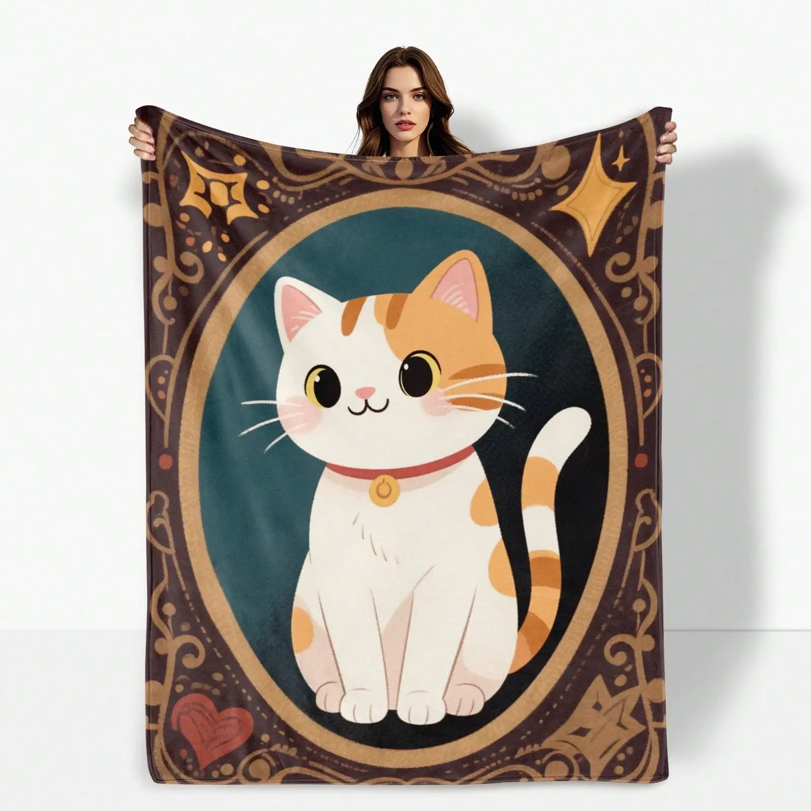 

Очаровательное одеяло с мультяшным котом, украшенное игривым дизайном колокольчика, причудливое и удобное одеяло для украшения дома.