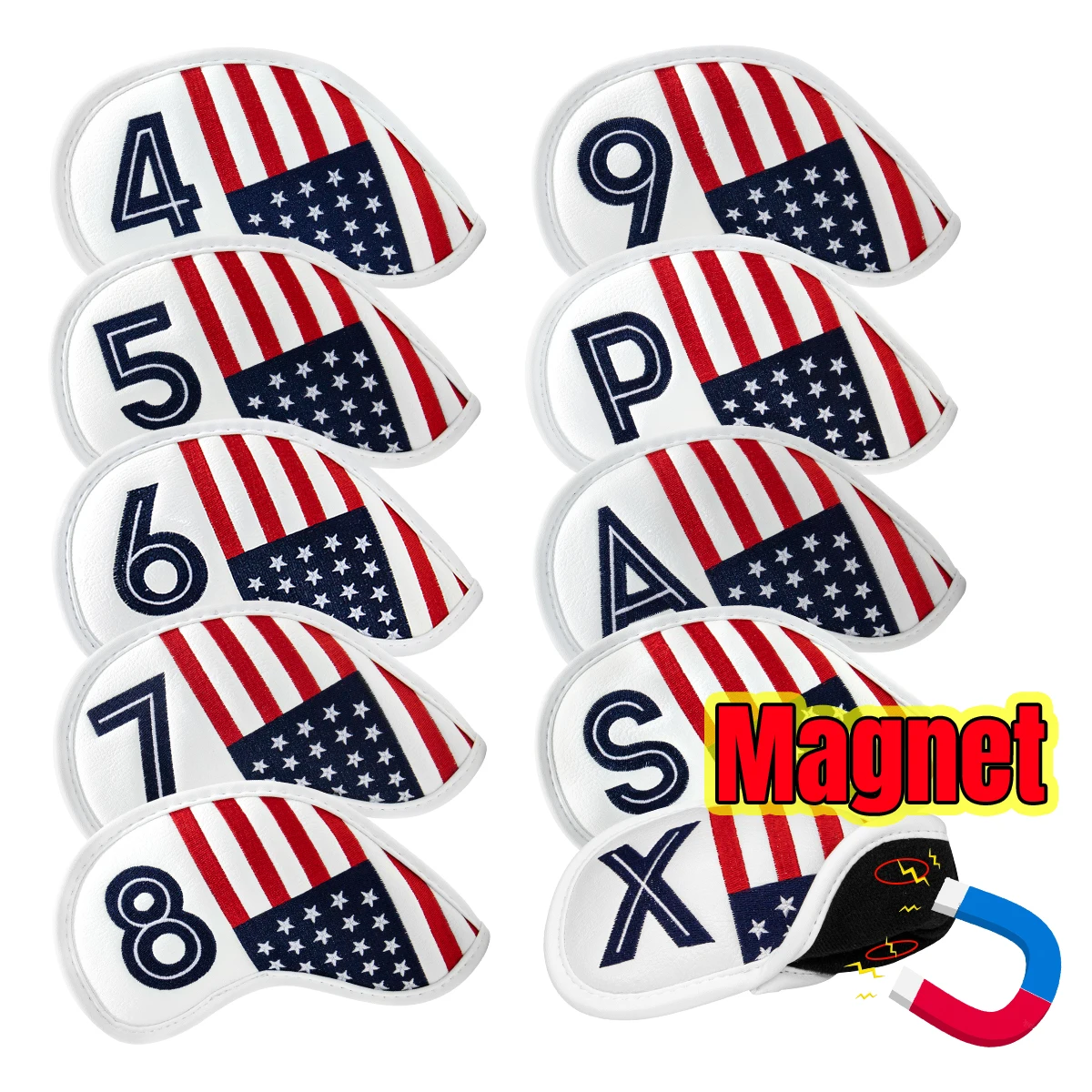 Golf Iron Headcovers with with Magnetic Closure 10pcs/set  Elegant Embroidery USA Flag Premium Leather Iron Headcovers Cover