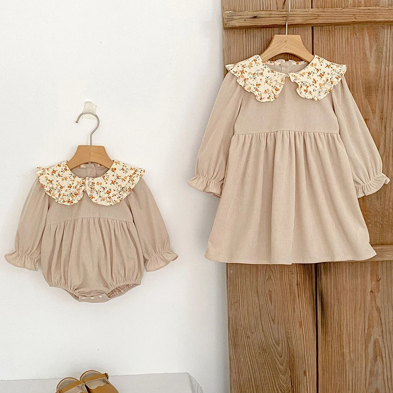 Neue Herbst Kinder Kleidung Schwestern Mädchen Party Prinzessin Kleid Cord Blume Kragen Kleid Baby Mädchen Strampler Kinder Schwestern Kleider – Detail 3