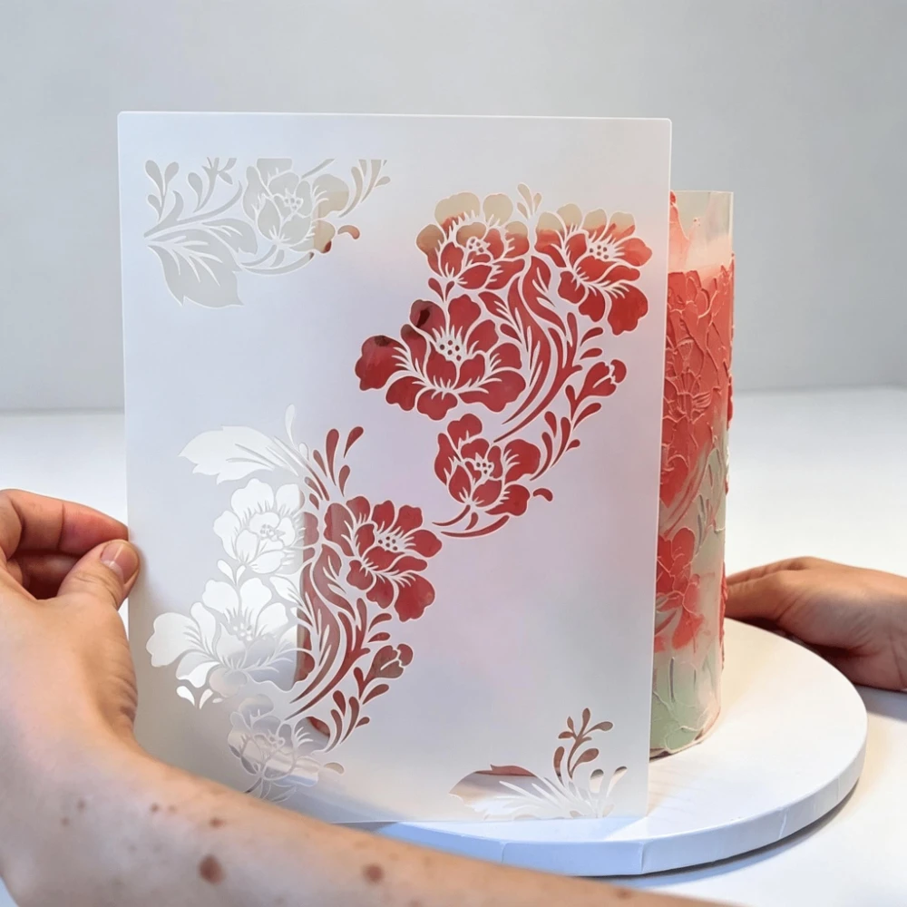 Food‑Grade PET Reusable Vintage Floral Cake Stencil 29x20cm, Hollow DIY Template for Cake Side Fondant Cookie Baking Supplies